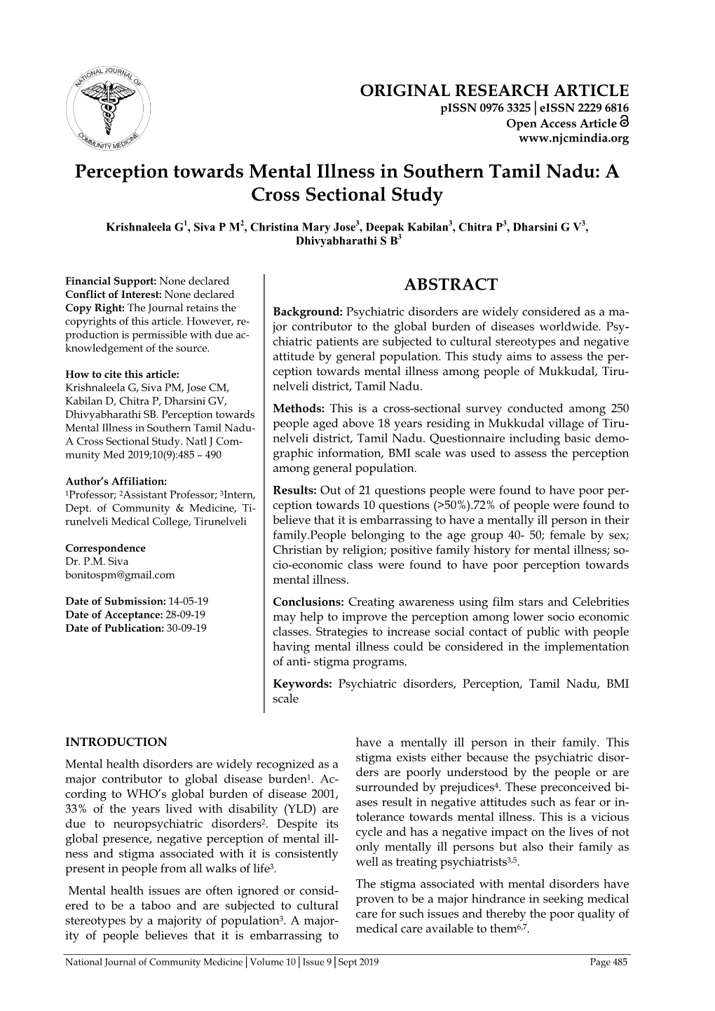 Perception Towards Mental Illness in Southern Tamil Nadu: a Cross Sectional Study