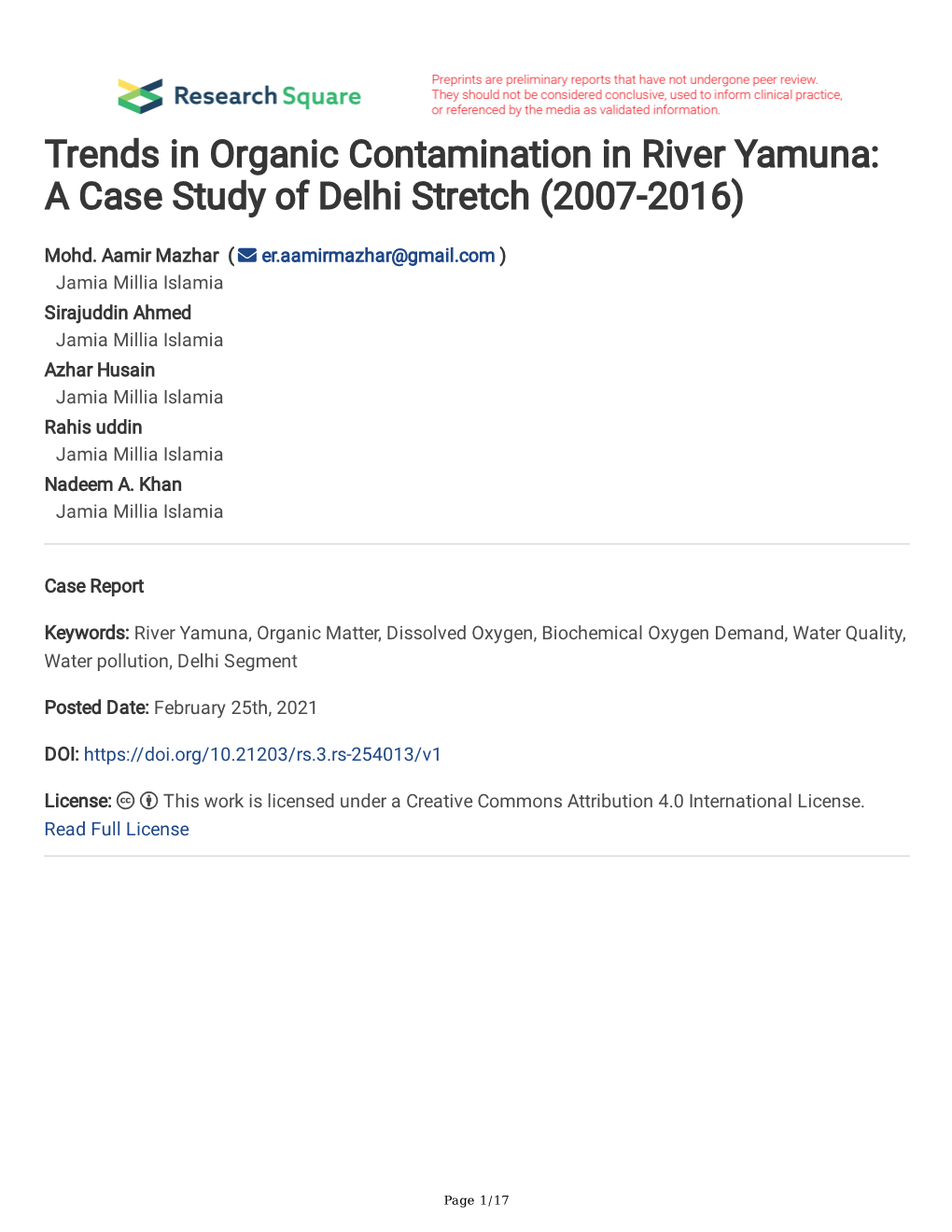 Trends in Organic Contamination in River Yamuna: a Case Study of Delhi Stretch (2007-2016)