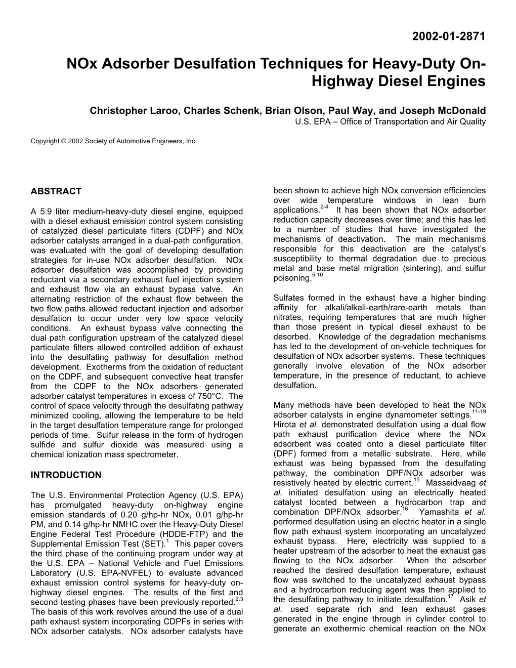 Nox Adsorber Desulfation Techniques for Heavy-Duty On- Highway Diesel Engines