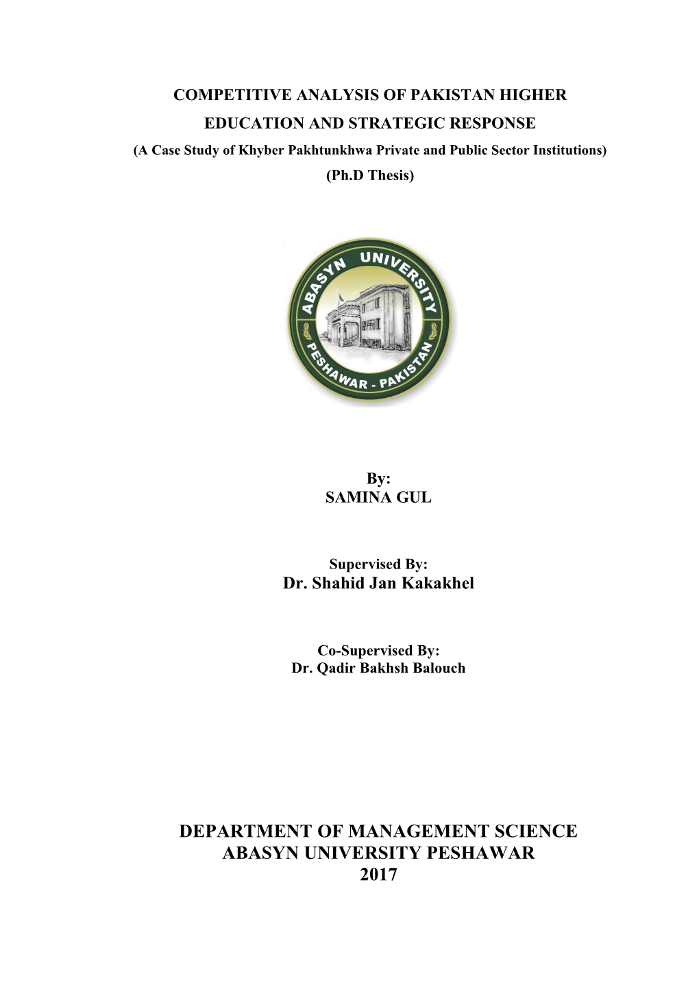 Department of Management Science Abasyn University Peshawar 2017