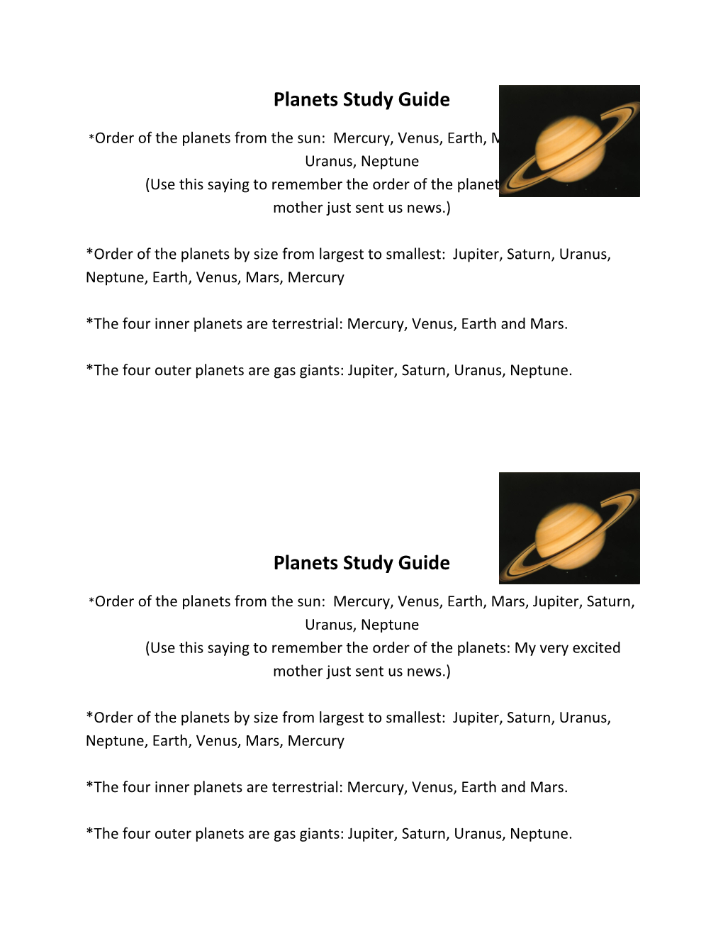 Planets Study Guide