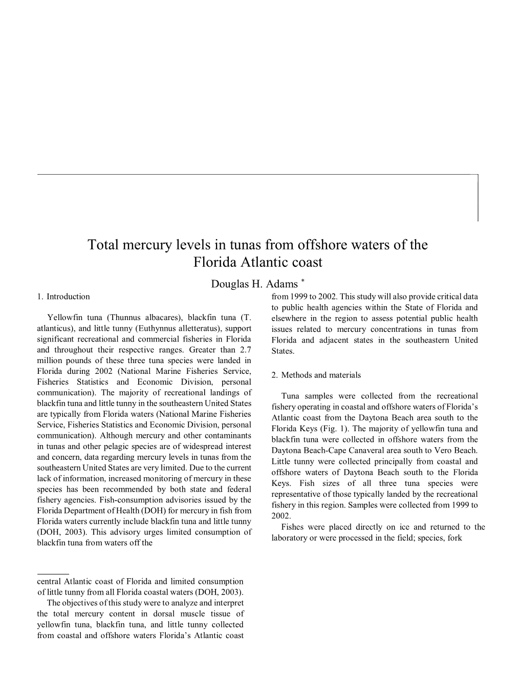 Total Mercury Levels in Tunas from Offshore Waters of the Florida Atlantic Coast