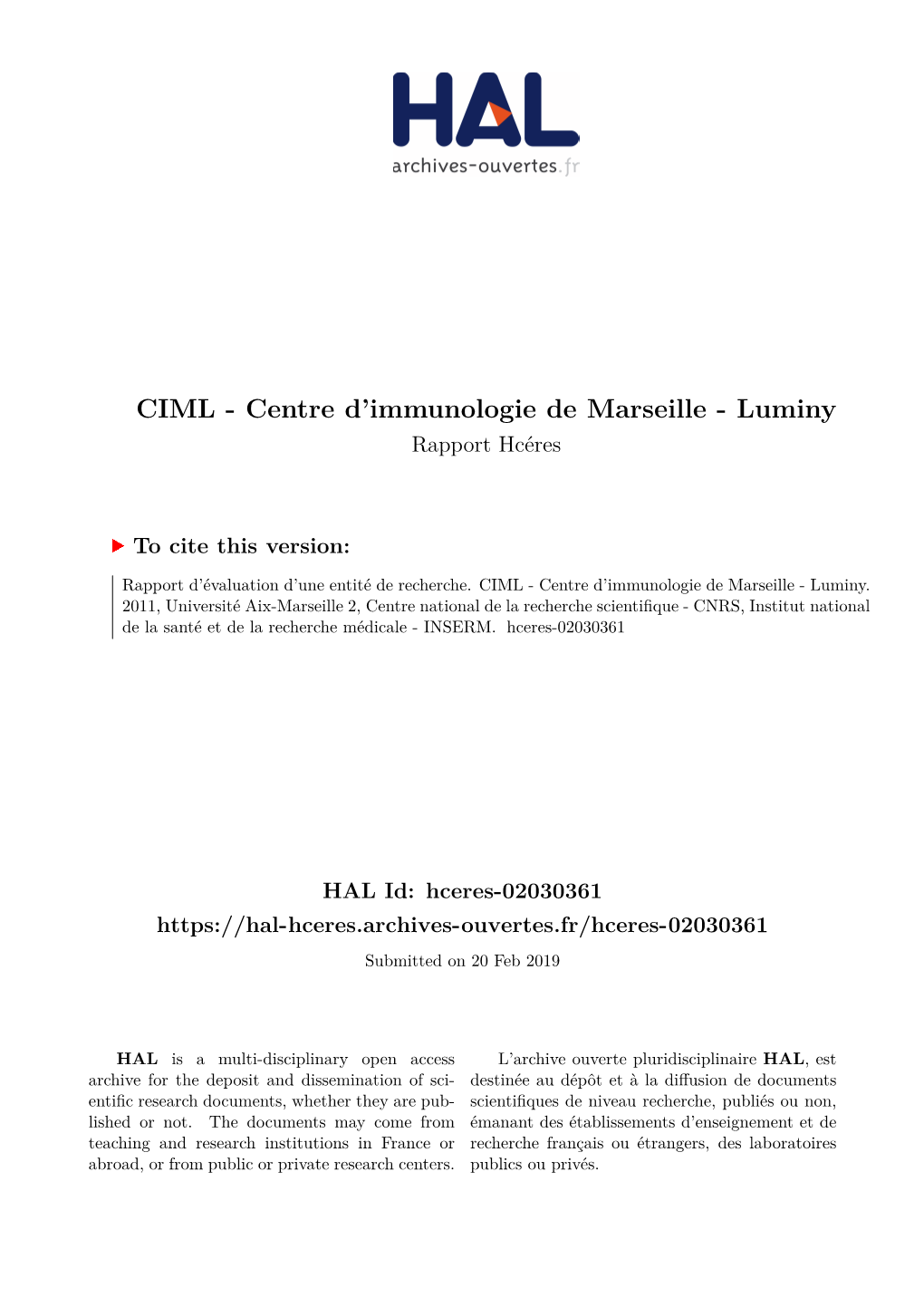 CIML - Centre D’Immunologie De Marseille - Luminy Rapport Hcéres
