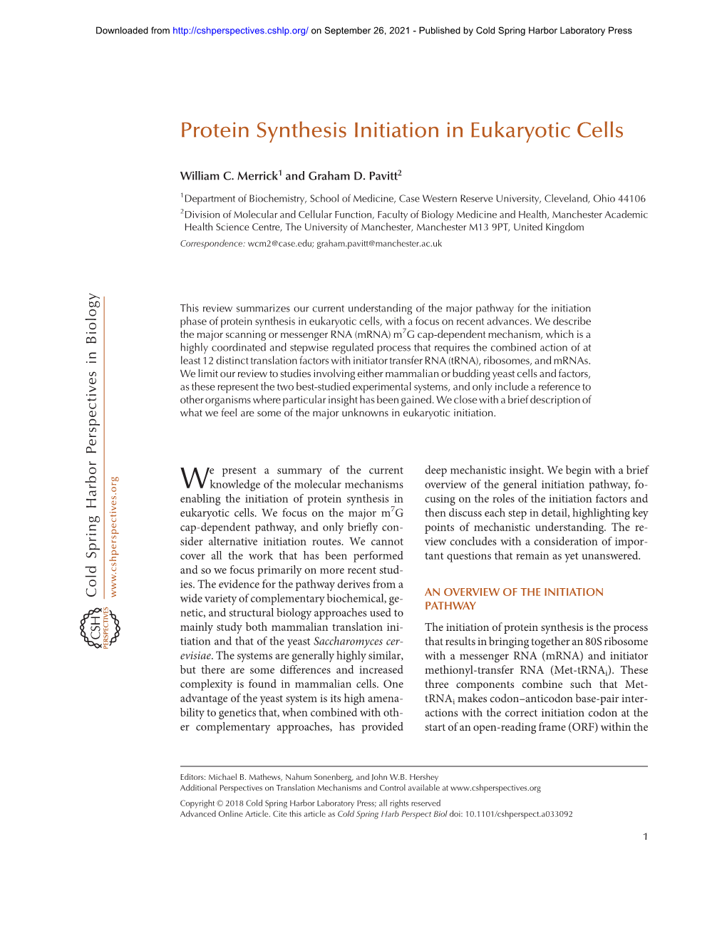 Protein Synthesis Initiation in Eukaryotic Cells