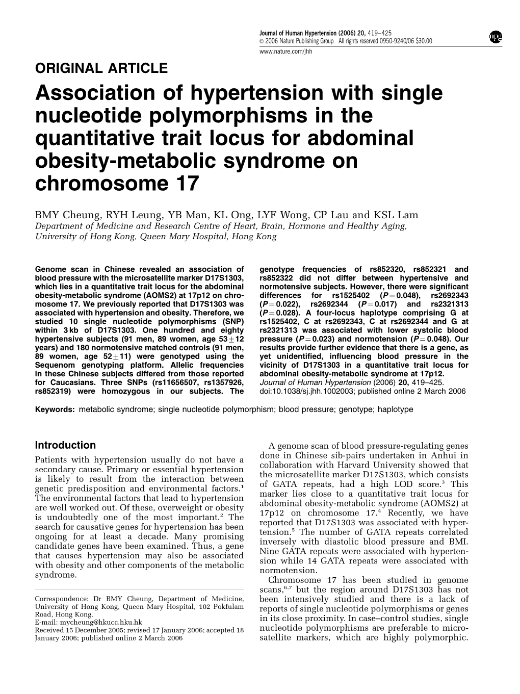 Association of Hypertension with Single Nucleotide Polymorphisms in the Quantitative Trait Locus for Abdominal Obesity-Metabolic Syndrome on Chromosome 17
