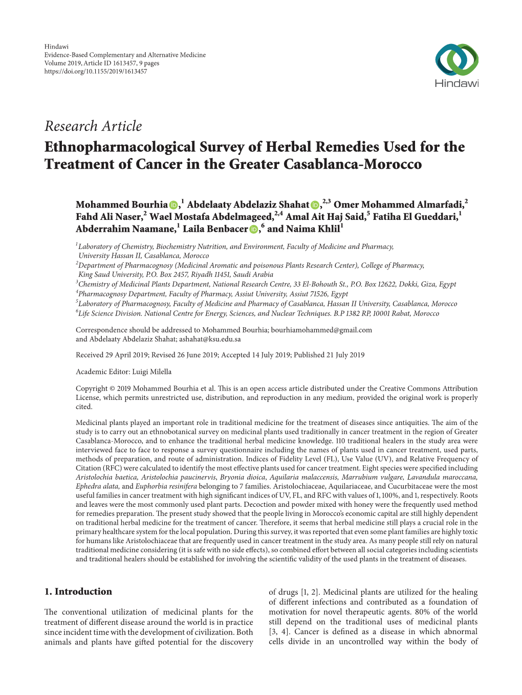 Ethnopharmacological Survey of Herbal Remedies Used for the Treatment of Cancer in the Greater Casablanca-Morocco