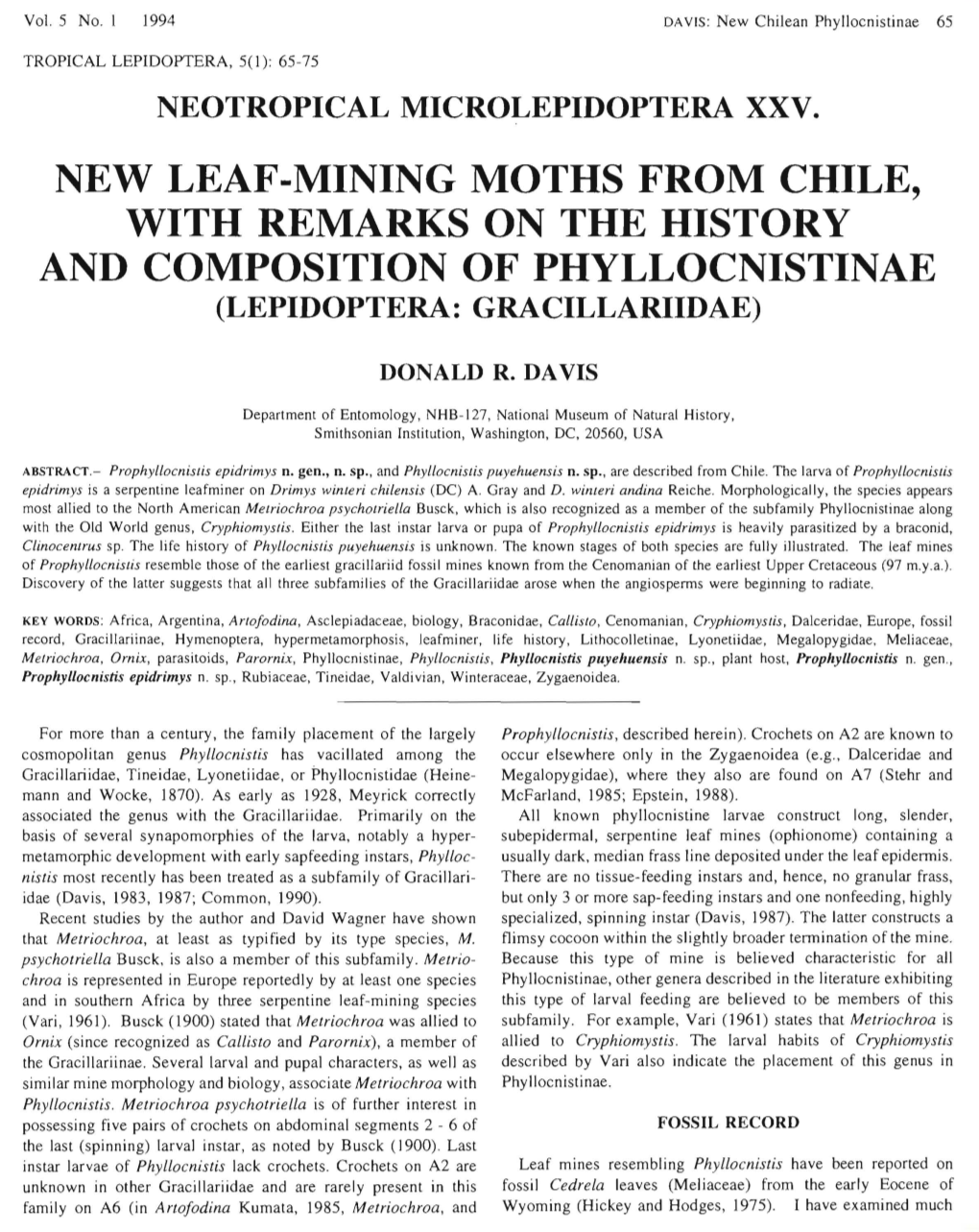 New Leaf -Mining Moths from Chile, with Remarks on the History and Composition of Phyllocnistinae (Lepidoptera: Gracillariidae)