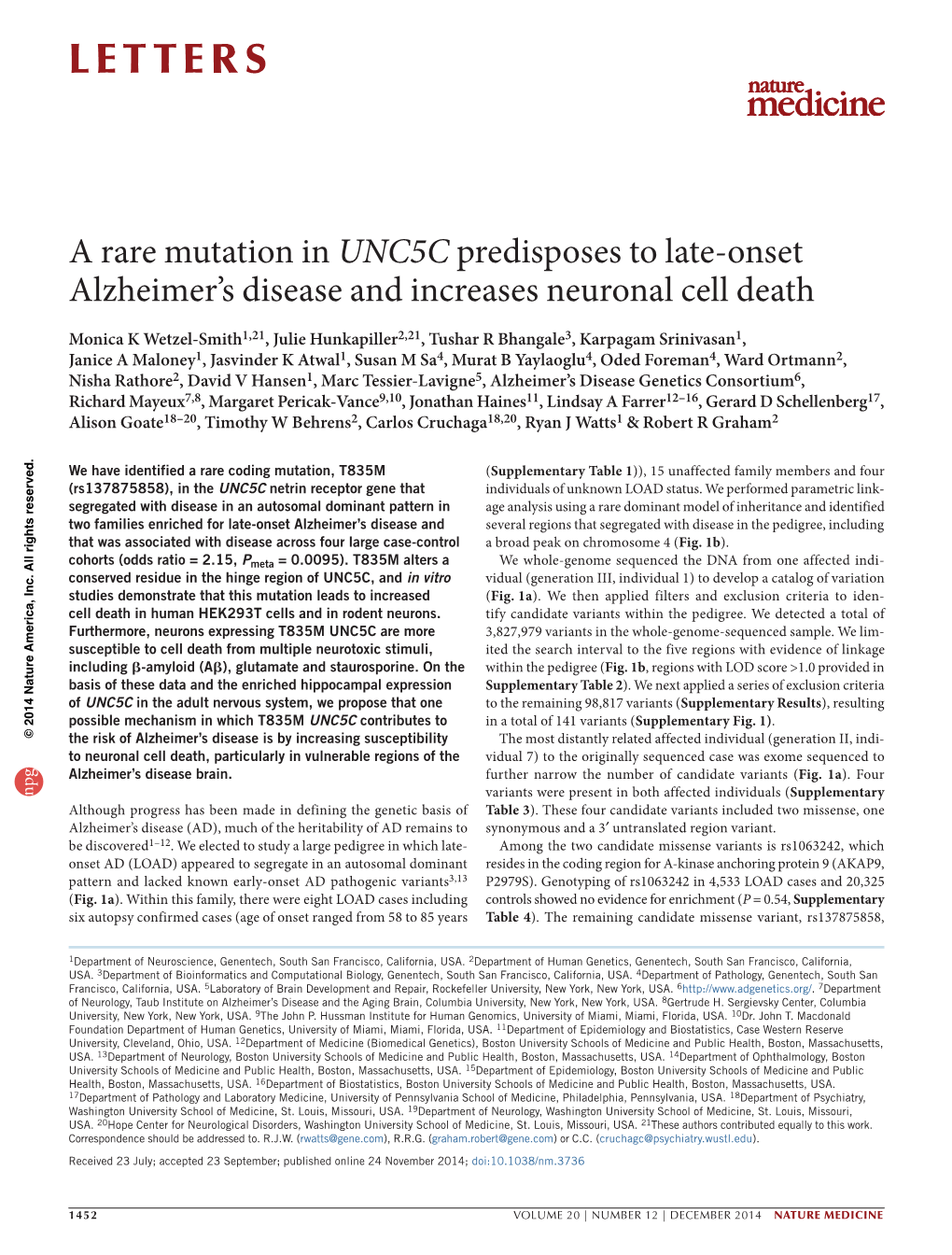 UNC5C Predisposes to Late-Onset Alzheimer’S Disease and Increases Neuronal Cell Death