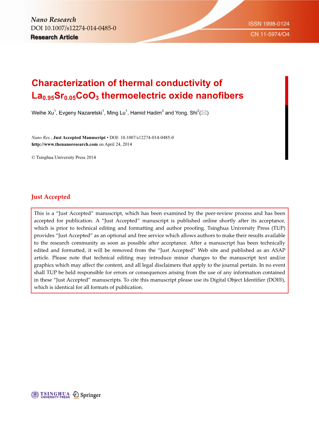 Characterization of Thermal Conductivity of La0.95Sr0.05Coo3 Thermoelectric Oxide Nanofibers