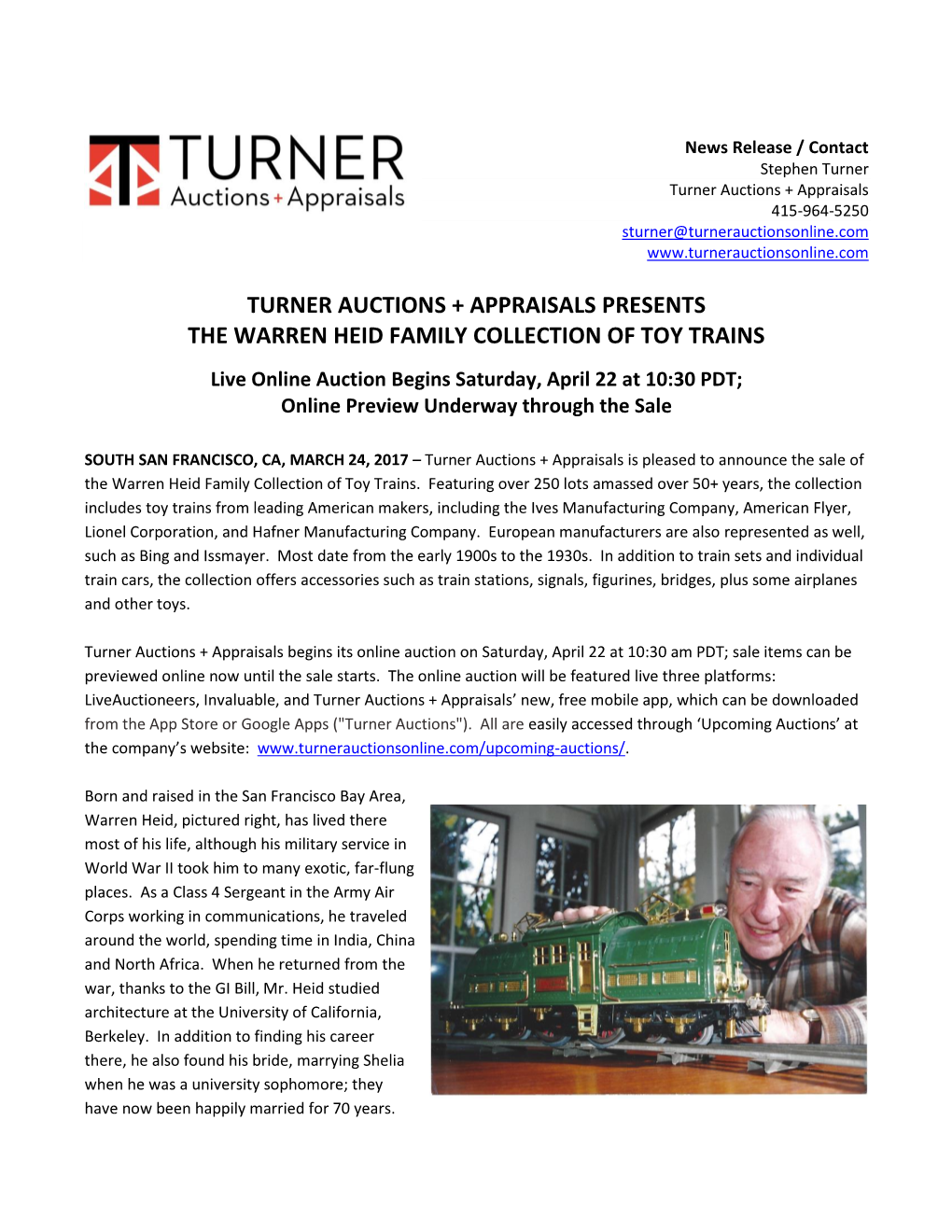 Turner Auctions + Appraisals Presents the Warren Heid Family Collection of Toy Trains