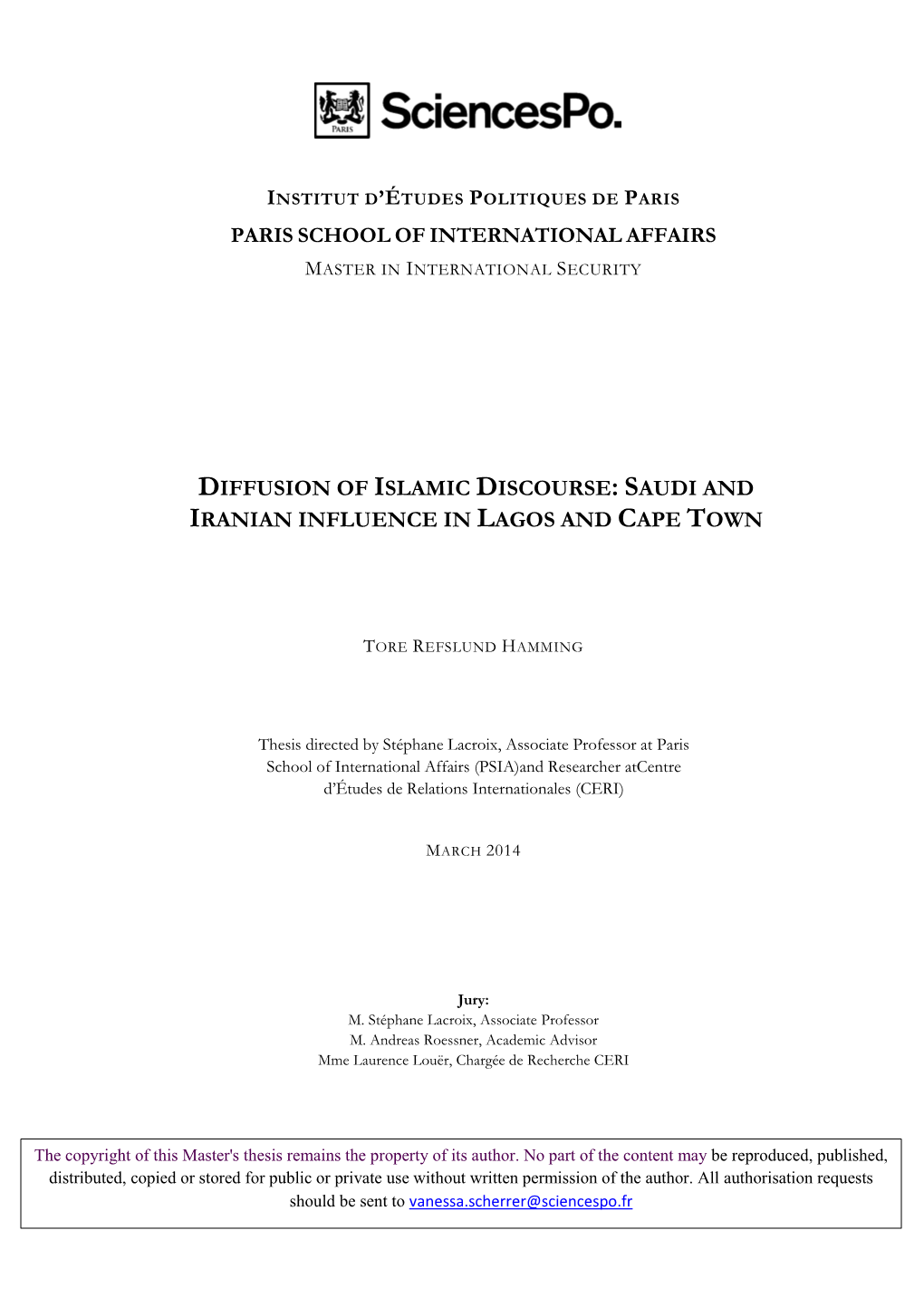 Diffusion of Islamic Discourse : Saudi and Iranian Influence in Lagos and Cape Town