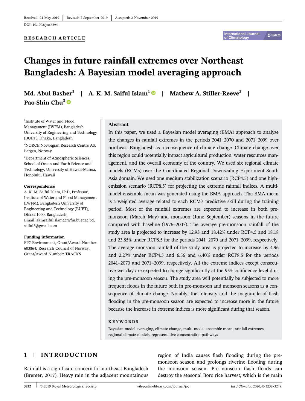 Changes in Future Rainfall Extremes Over Northeast Bangladesh: a Bayesian Model Averaging Approach