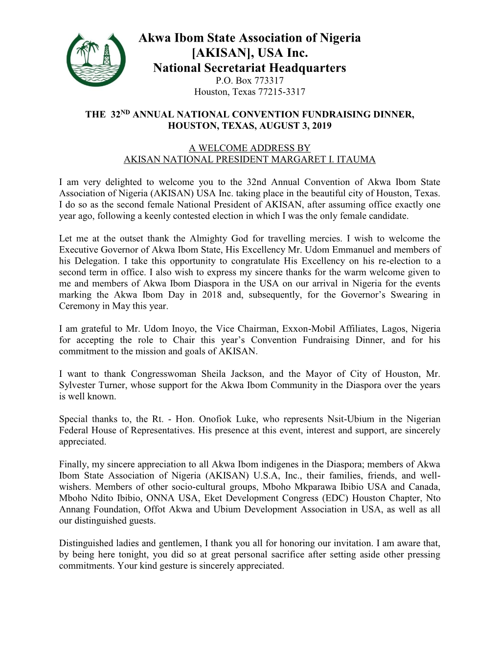 Akwa Ibom State Association of Nigeria [AKISAN], USA Inc. National Secretariat Headquarters P.O