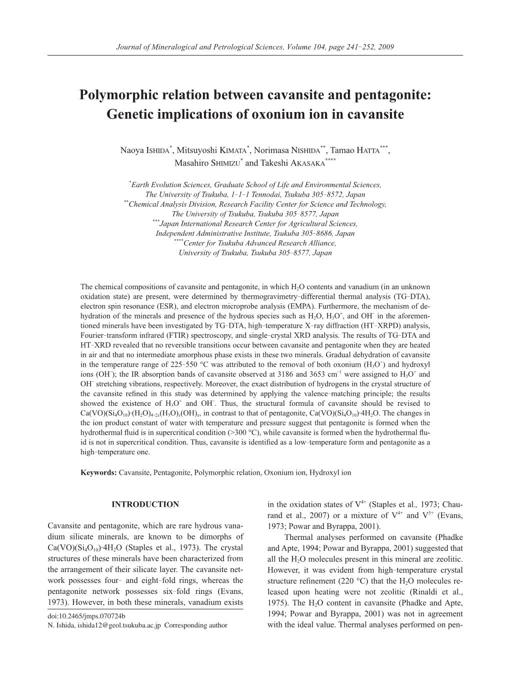 Polymorphic Relation Between Cavansite and Pentagonite: Genetic Implications of Oxonium Ion in Cavansite