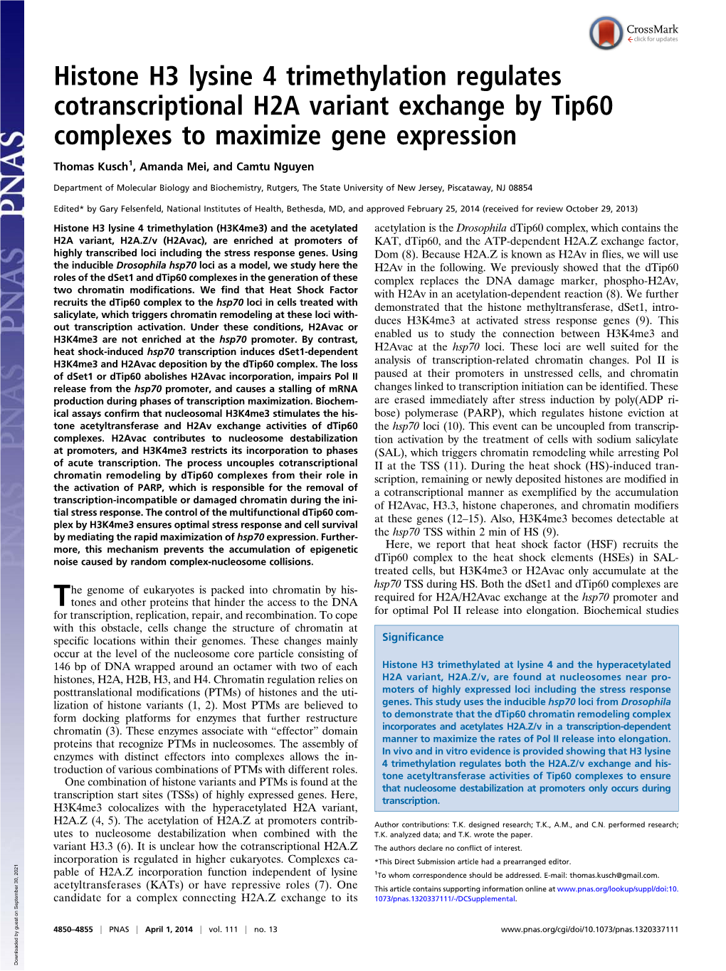 Histone H3 Lysine 4 Trimethylation Regulates Cotranscriptional H2A Variant Exchange by Tip60 Complexes to Maximize Gene Expression