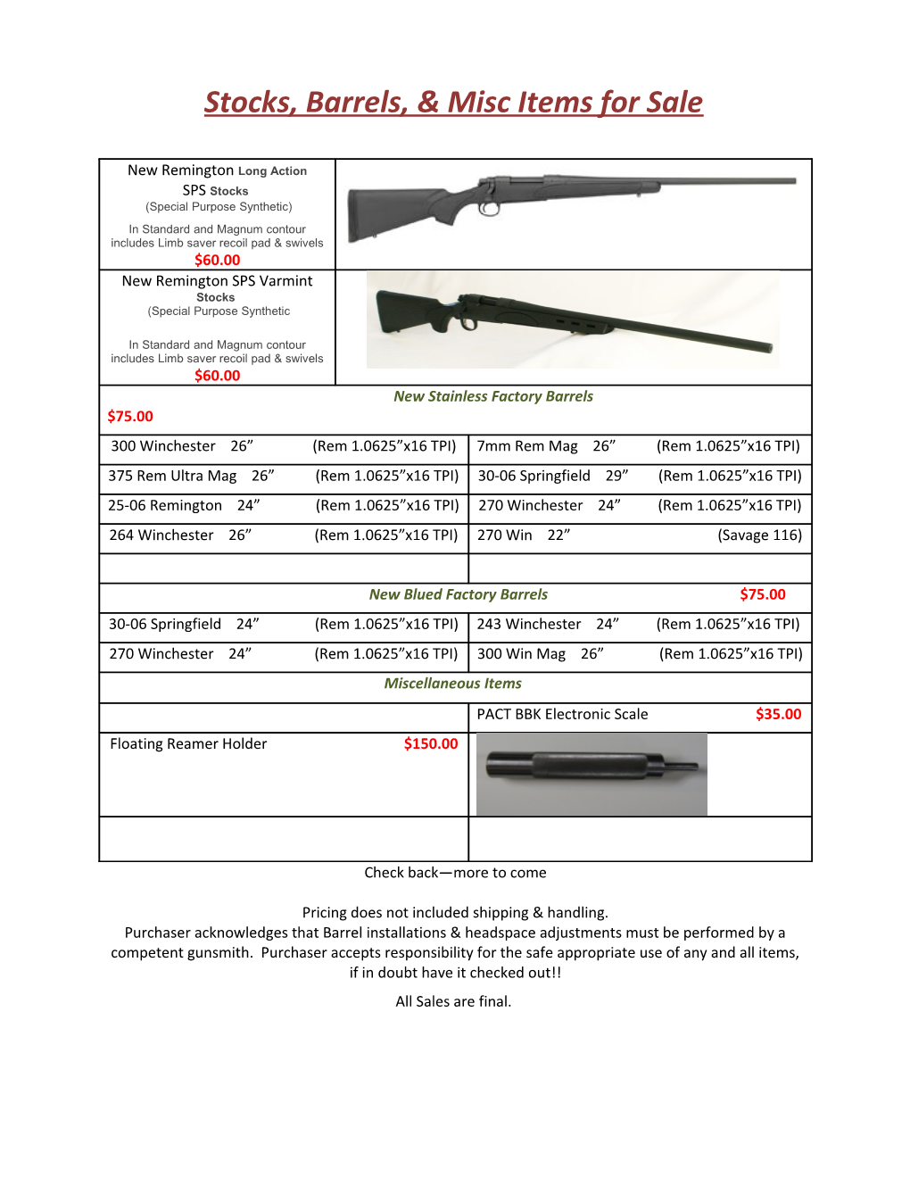 Stocks, Barrels, & Misc Items for Sale