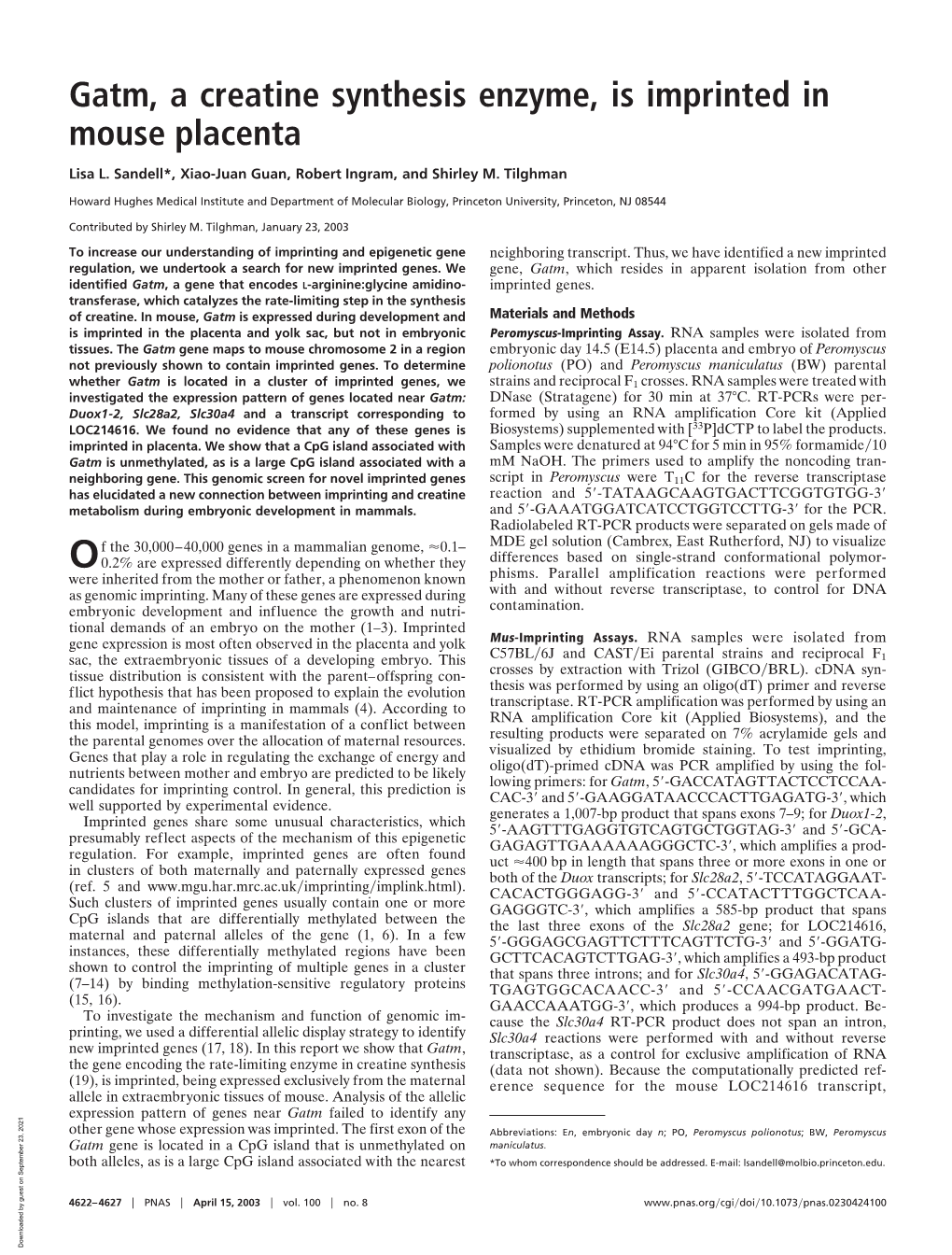 Gatm, a Creatine Synthesis Enzyme, Is Imprinted in Mouse Placenta