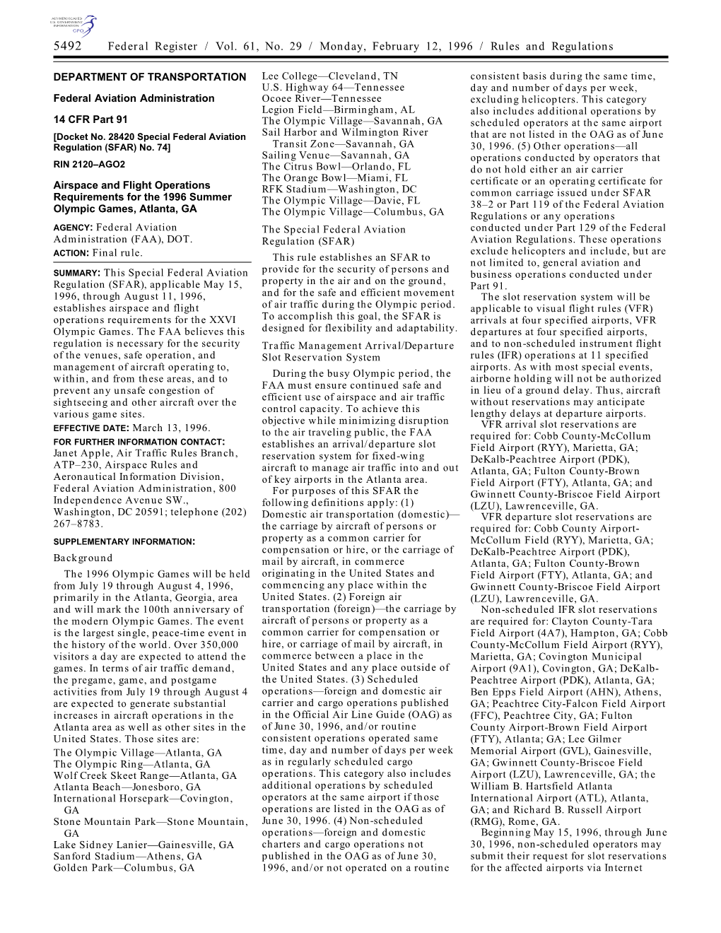 Federal Register / Vol. 61, No. 29 / Monday, February 12, 1996 / Rules and Regulations