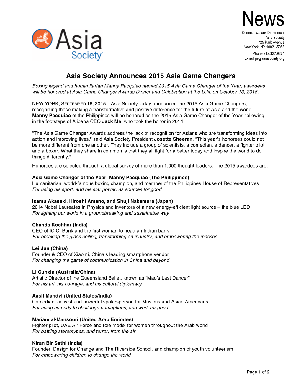 Asia Society Announces 2015 Asia Game Changers