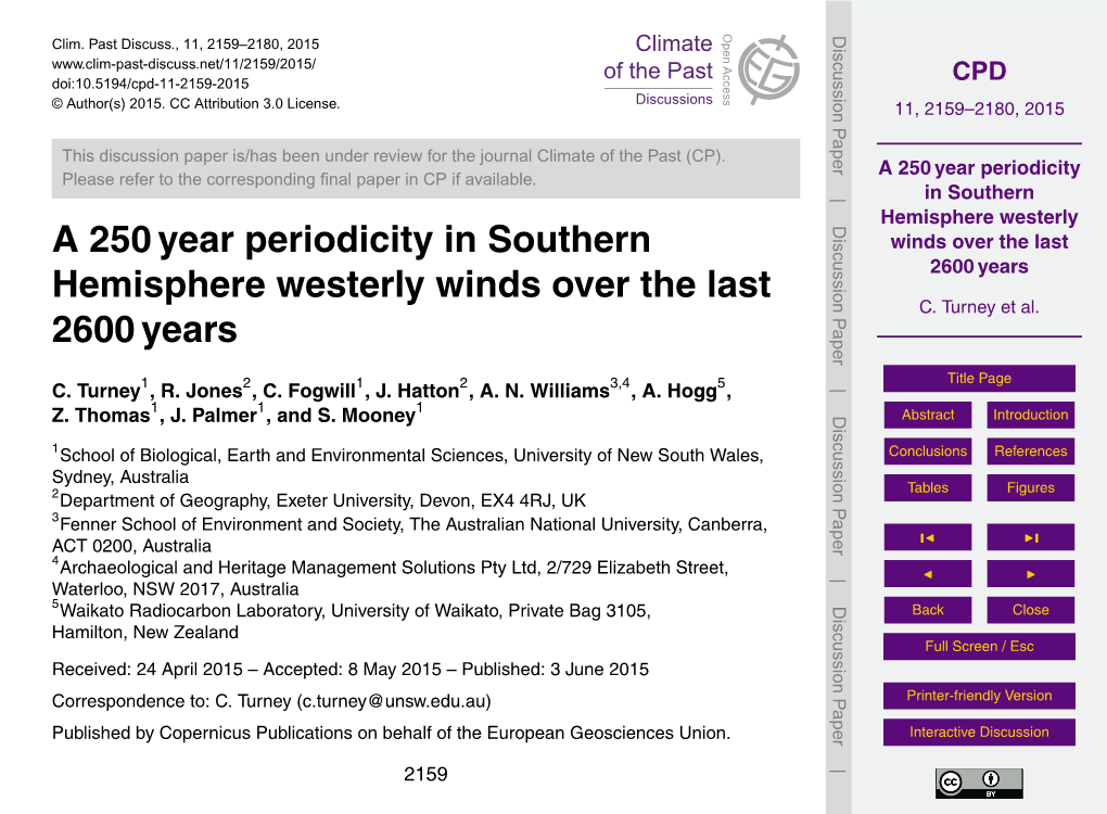 A 250Year Periodicity in Southern Hemisphere Westerly Winds Over the Last 2600Years