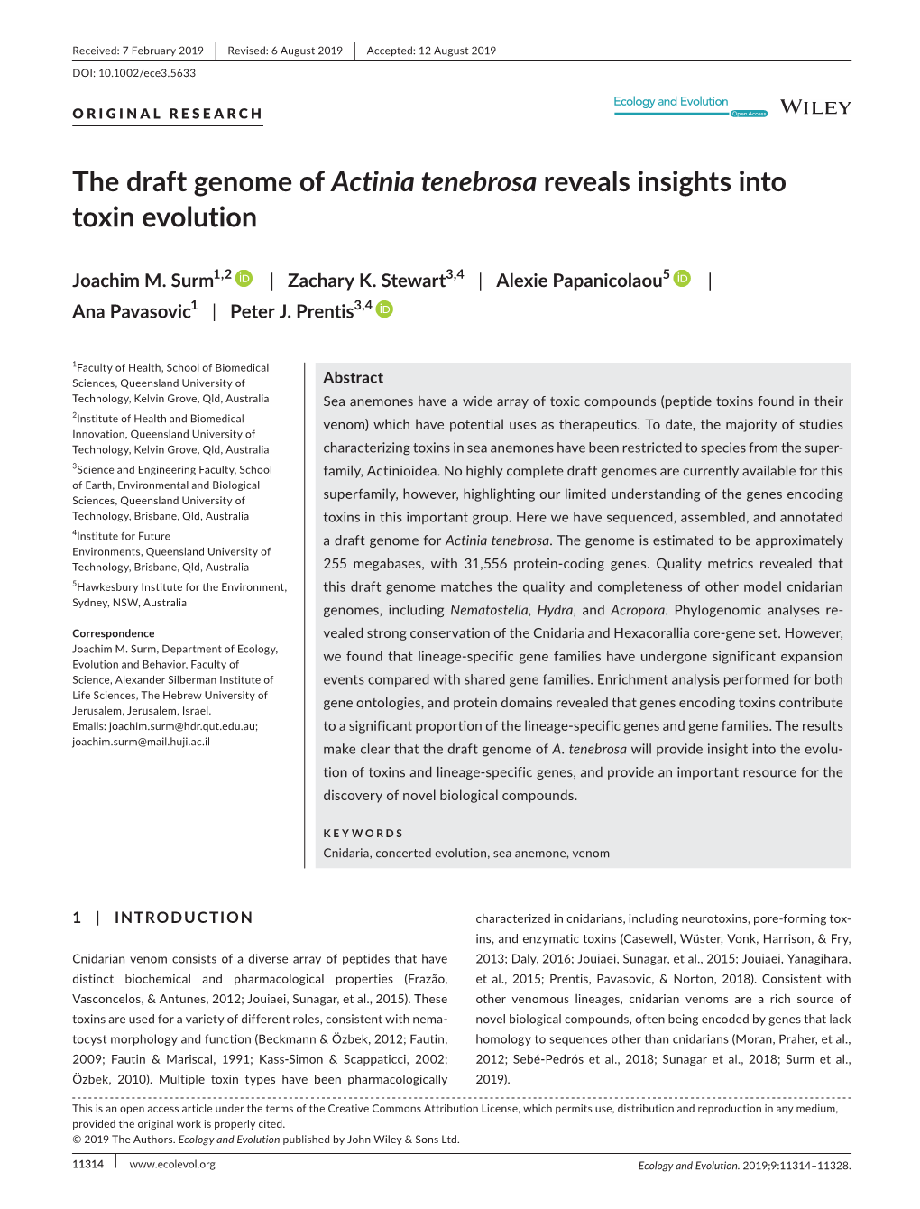 The Draft Genome of Actinia Tenebrosa Reveals Insights Into Toxin Evolution