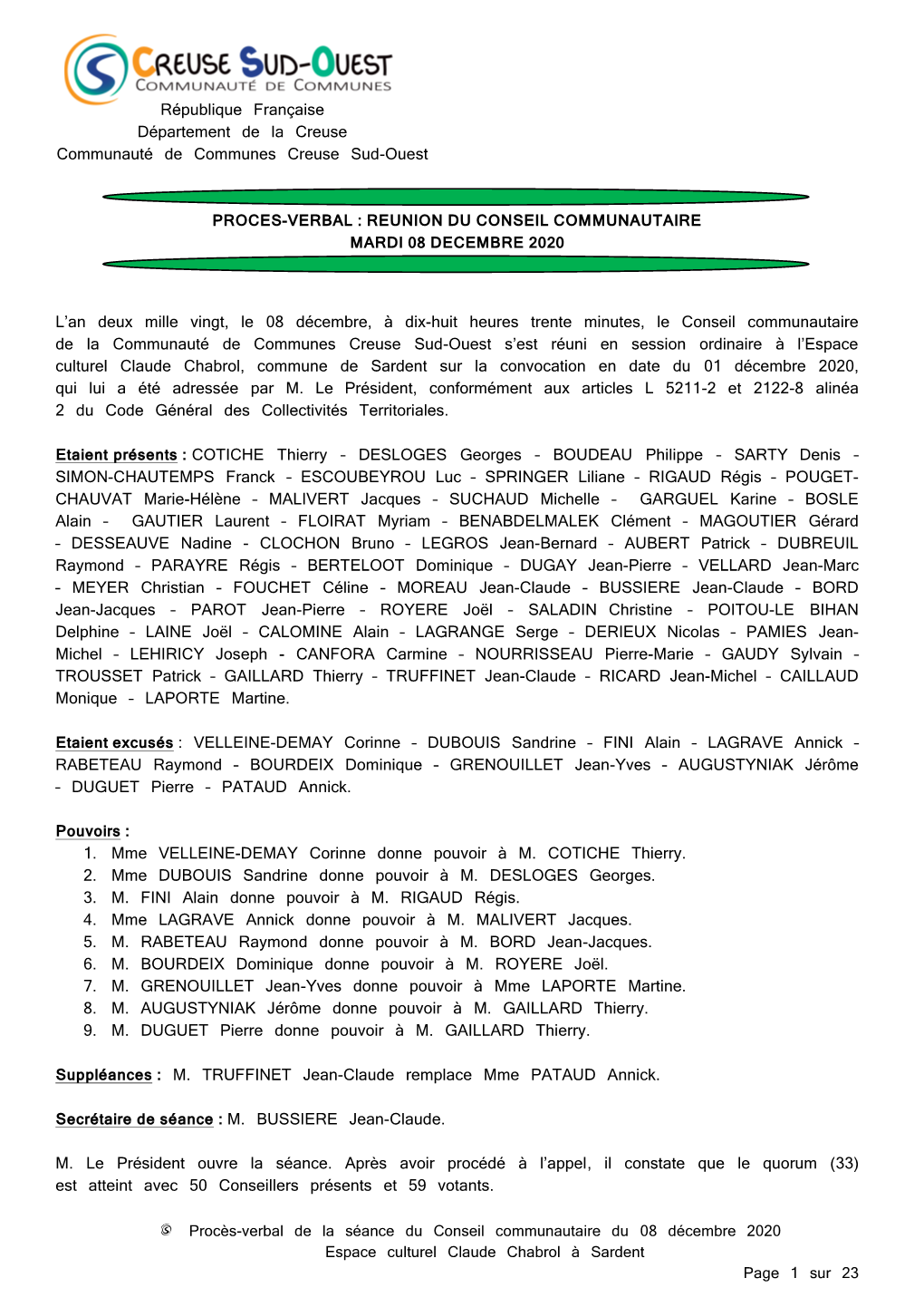Procès-Verbal De La Séance Du Conseil Communautaire Du 08 Décembre 2020 Espace Culturel Claude Chabrol À Sardent Page 1 Sur 23 M