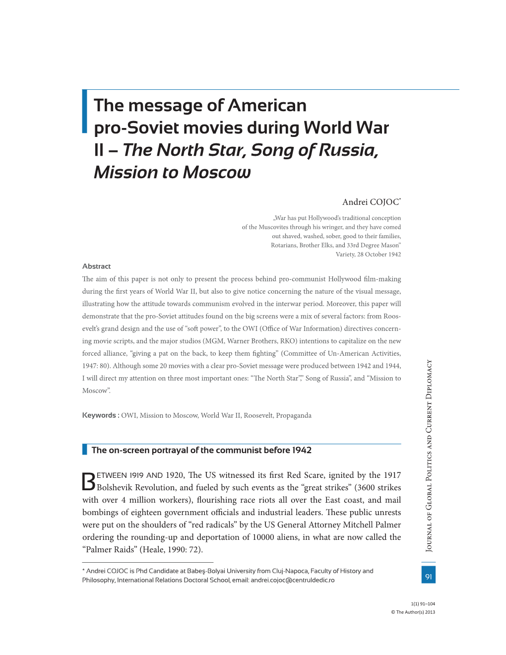 The Message of American Pro-Soviet Movies During World War II – The