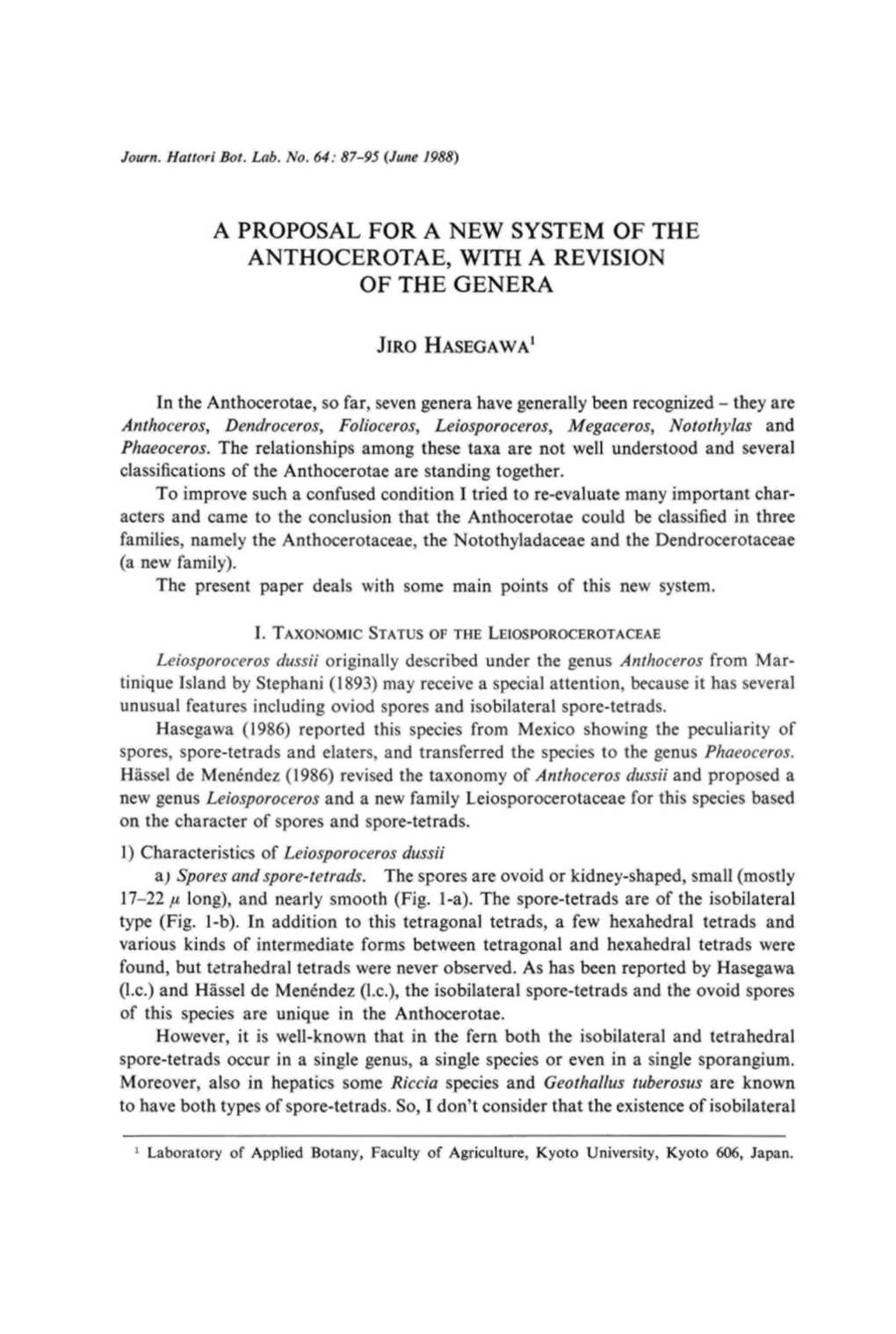 A Proposal for a New System of the Anthocerotae, with a Revision of the Genera