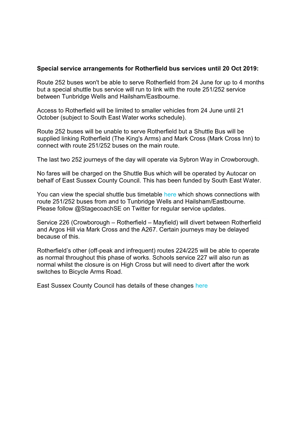 Special Service Arrangements for Rotherfield Bus Services Until 20 Oct 2019