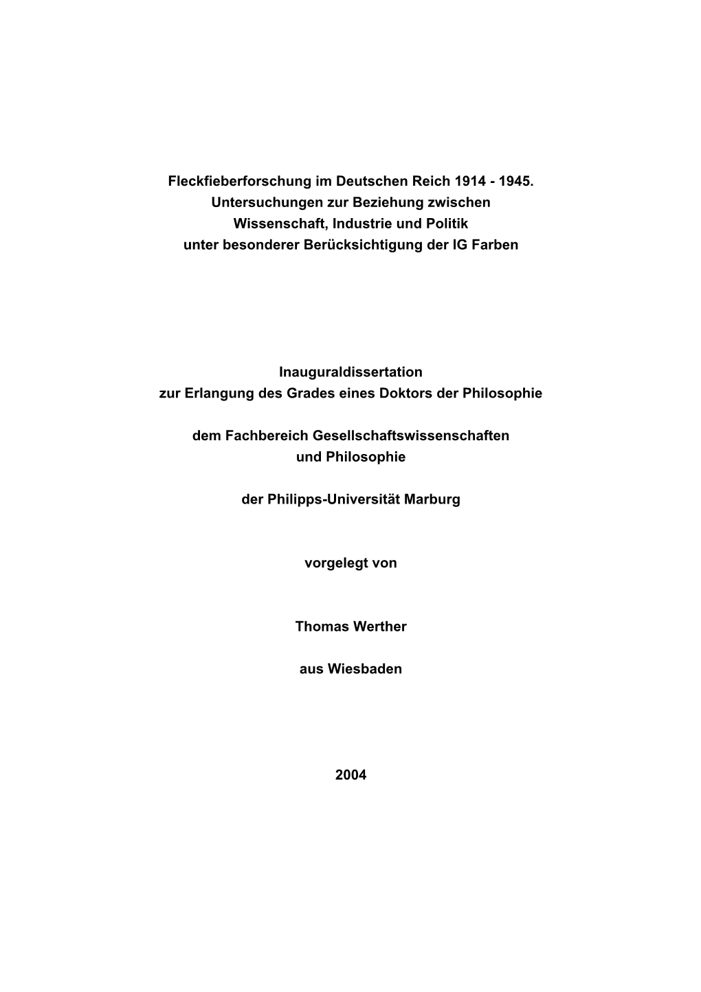 Fleckfieberforschung Im Deutschen Reich 1914 - 1945