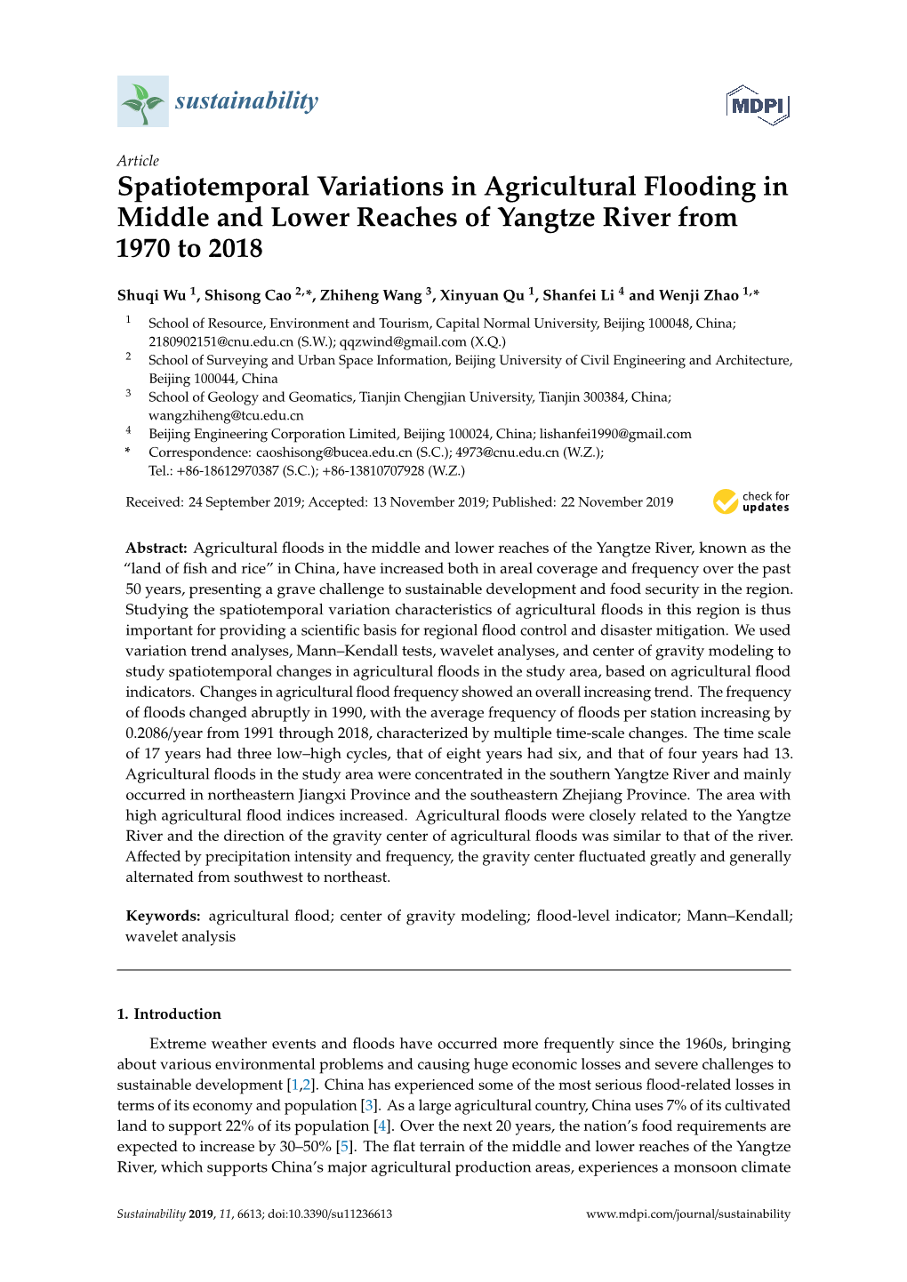 Spatiotemporal Variations in Agricultural Flooding in Middle and Lower Reaches of Yangtze River from 1970 to 2018