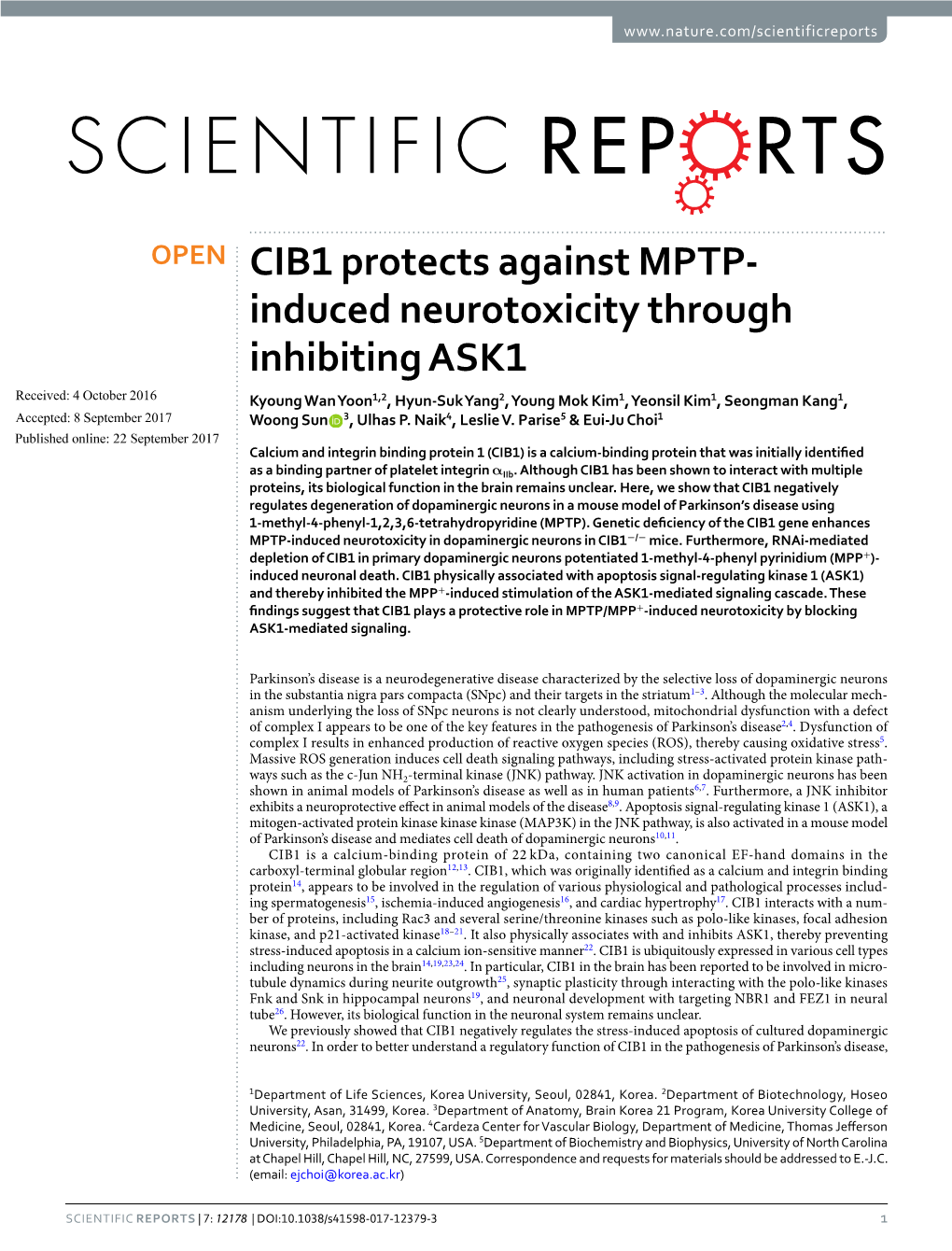 CIB1 Protects Against MPTP-Induced Neurotoxicity Through Inhibiting ASK1