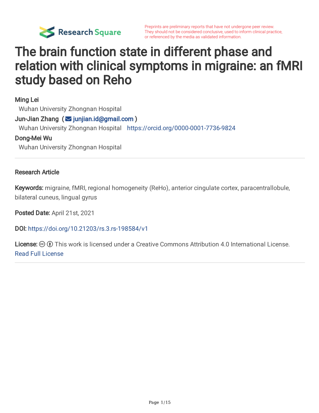 The Brain Function State in Different Phase and Relation with Clinical Symptoms in Migraine: an Fmri Study Based on Reho