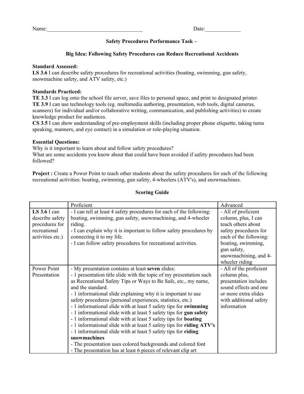 Safety Procedures Performance Task