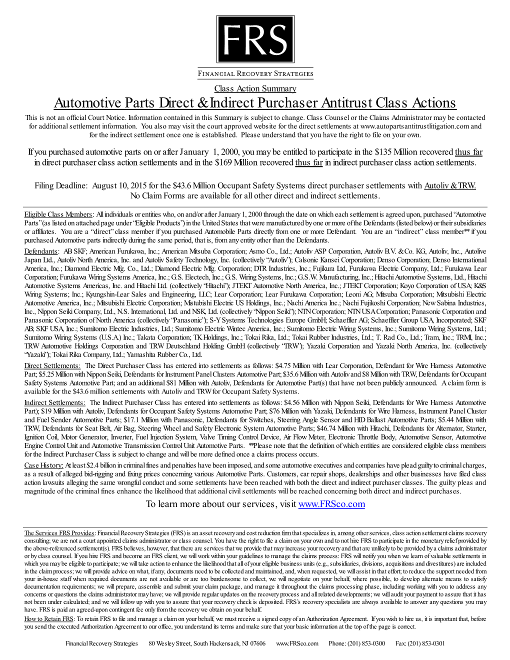 Automotive Parts Direct & Indirect Purchaser Antitrust Class Actions