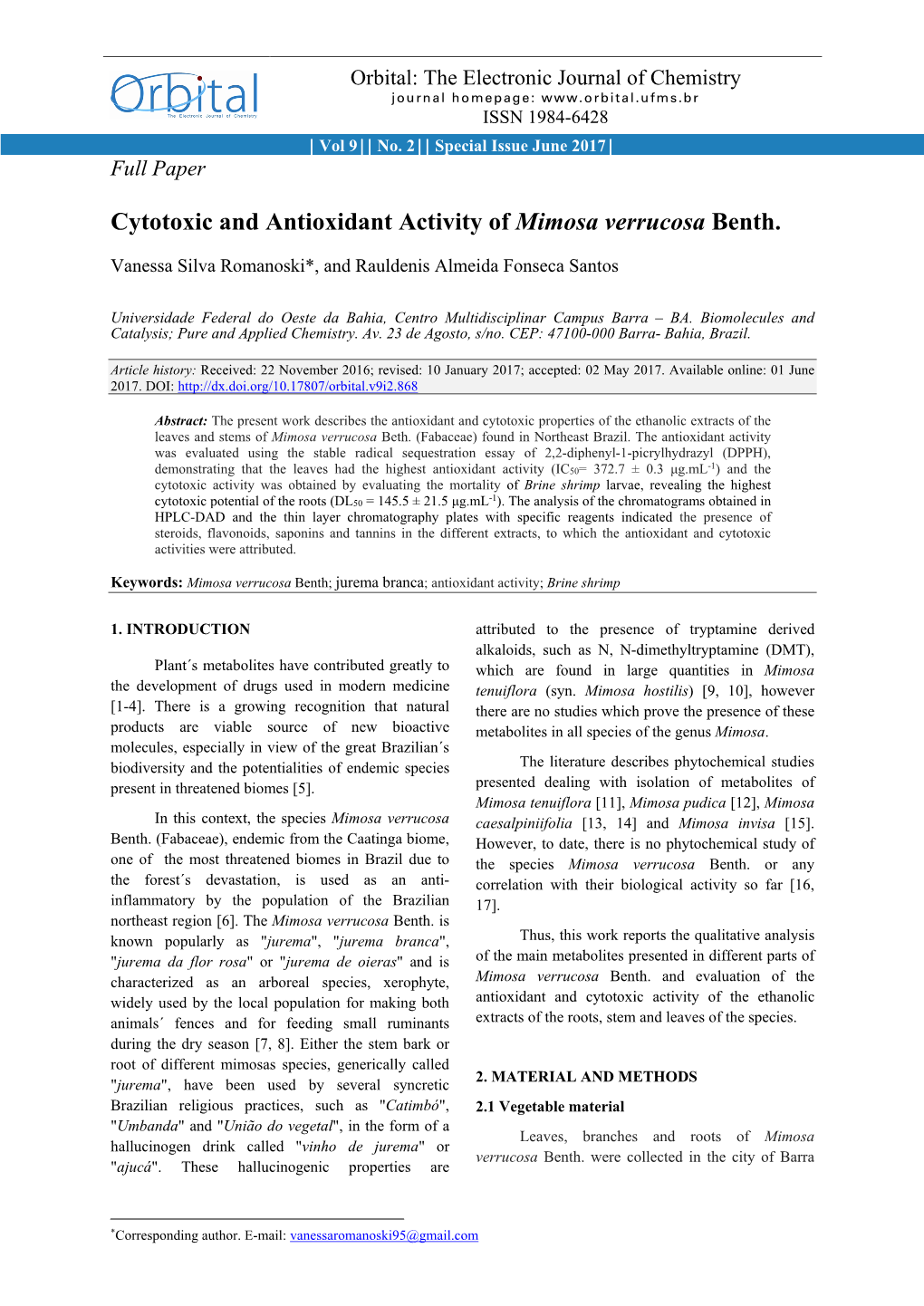 Ytotoxic and Antioxidant Activity of Mimosa Verrucosa Benth