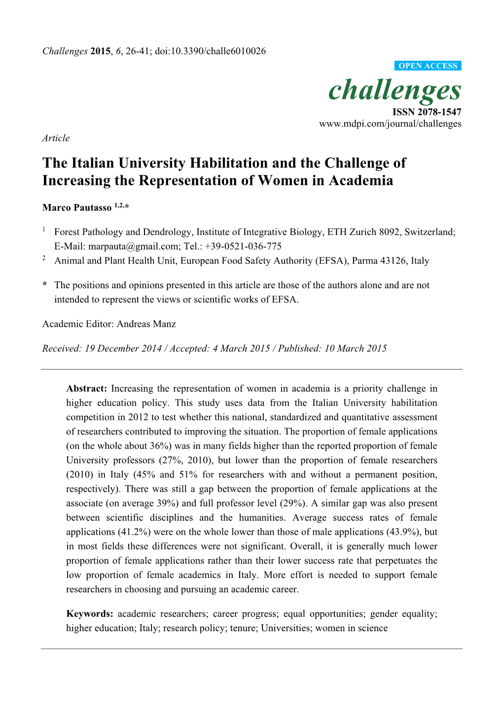 The Italian University Habilitation and the Challenge of Increasing the Representation of Women in Academia