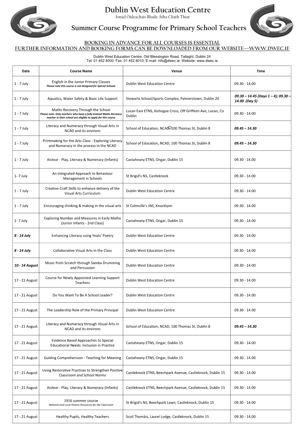 Dublin West Education Centre Ionad Oideachais Bhaile Átha Cliath Thiar Summer Course Programme for Primary School Teachers