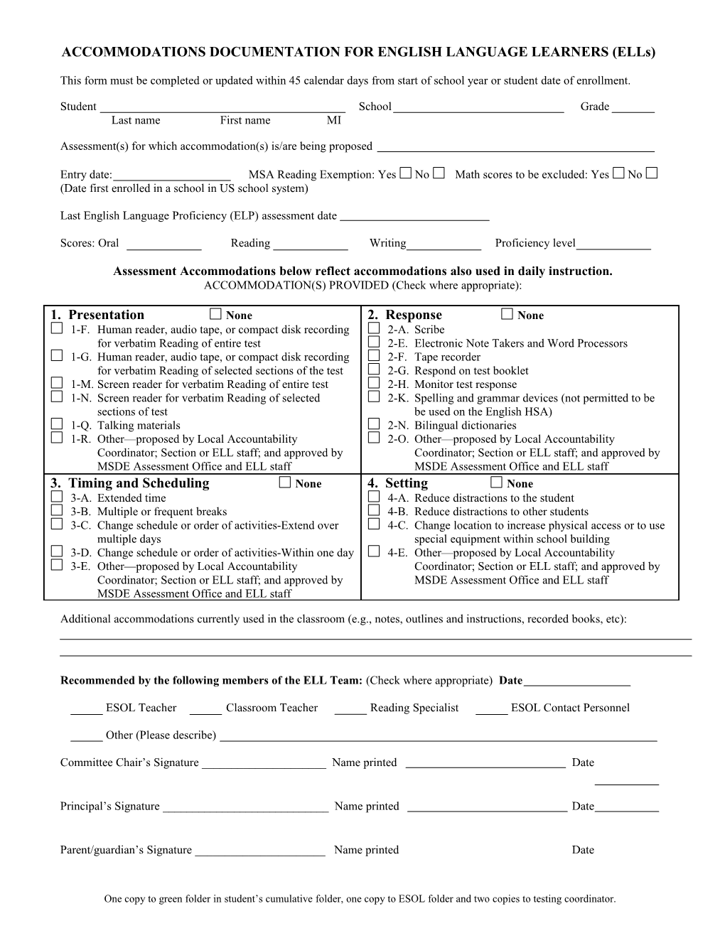 Accommodations Documentation for English Language Learner (Ell) Students