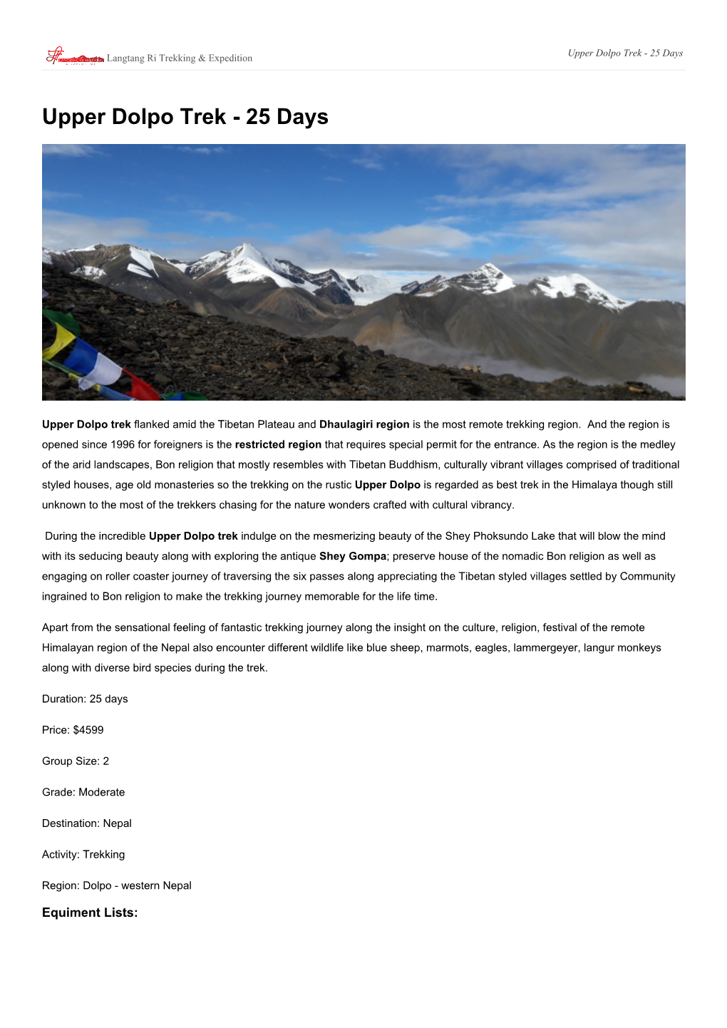 Upper Dolpo Trek - 25 Days Langtang Ri Trekking & Expedition