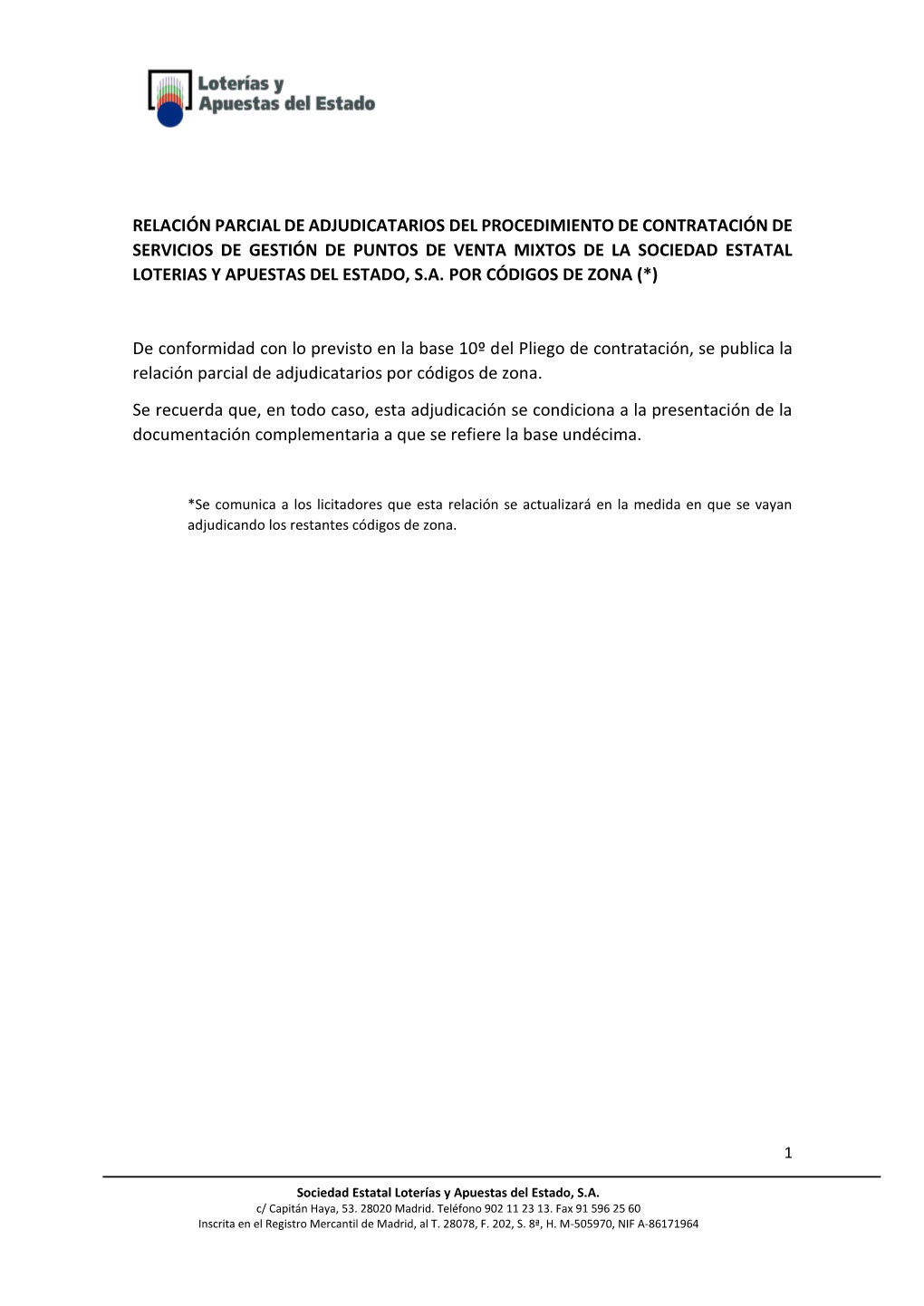 Relación Parcial De Adjudicatarios Del