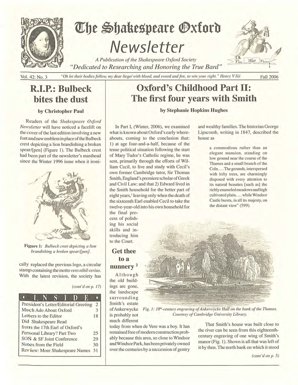 Newsletter a Publication of the Shakespeare Oxford Society 