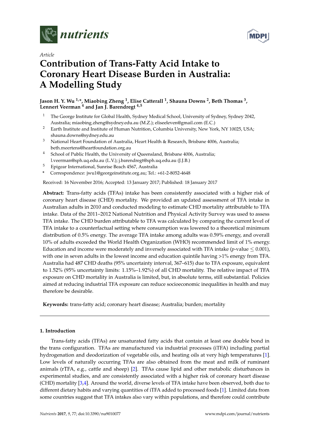 Contribution of Trans-Fatty Acid Intake to Coronary Heart Disease Burden in Australia: a Modelling Study