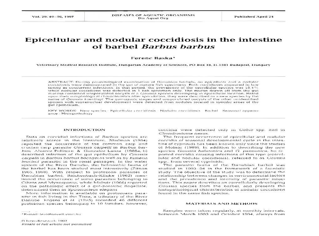 Epicellular and Nodular Coccidiosis in the Intestine of Barbel Barbus Barbus