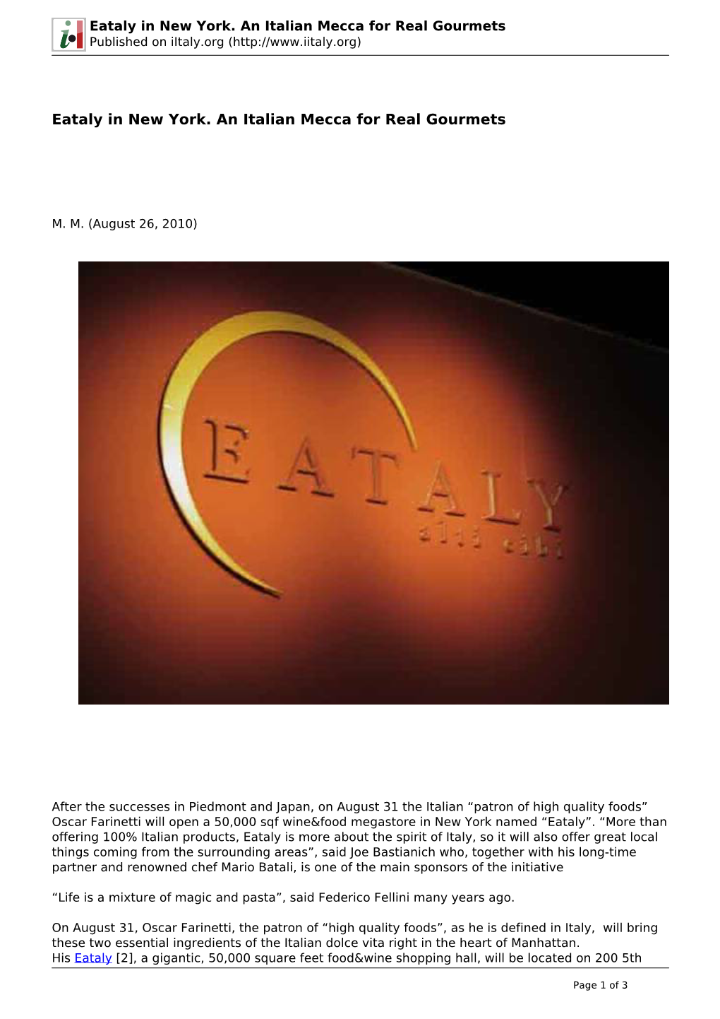 Eataly in New York. an Italian Mecca for Real Gourmets Published on Iitaly.Org (