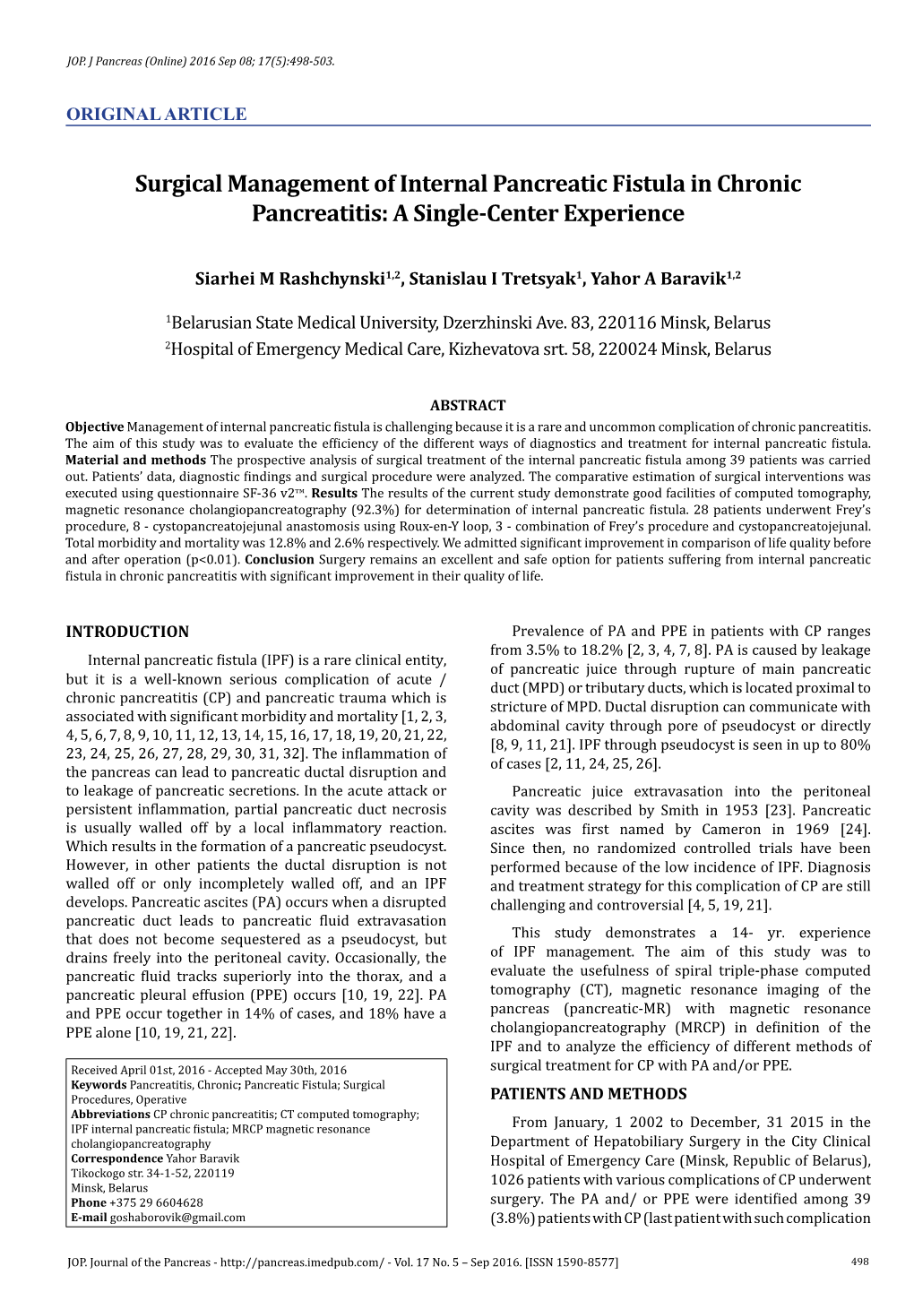 Surgical Management of Internal Pancreatic Fistula in Chronic Pancreatitis: a Single-Center Experience