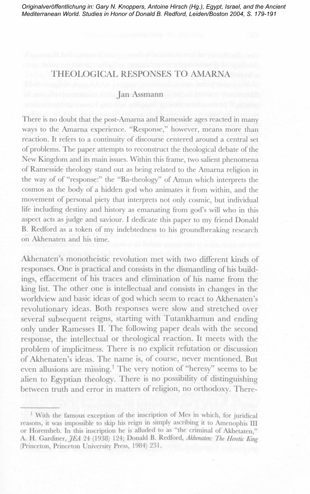 THEOLOGICAL RESPONSES T O AMARNA Jan Assmann