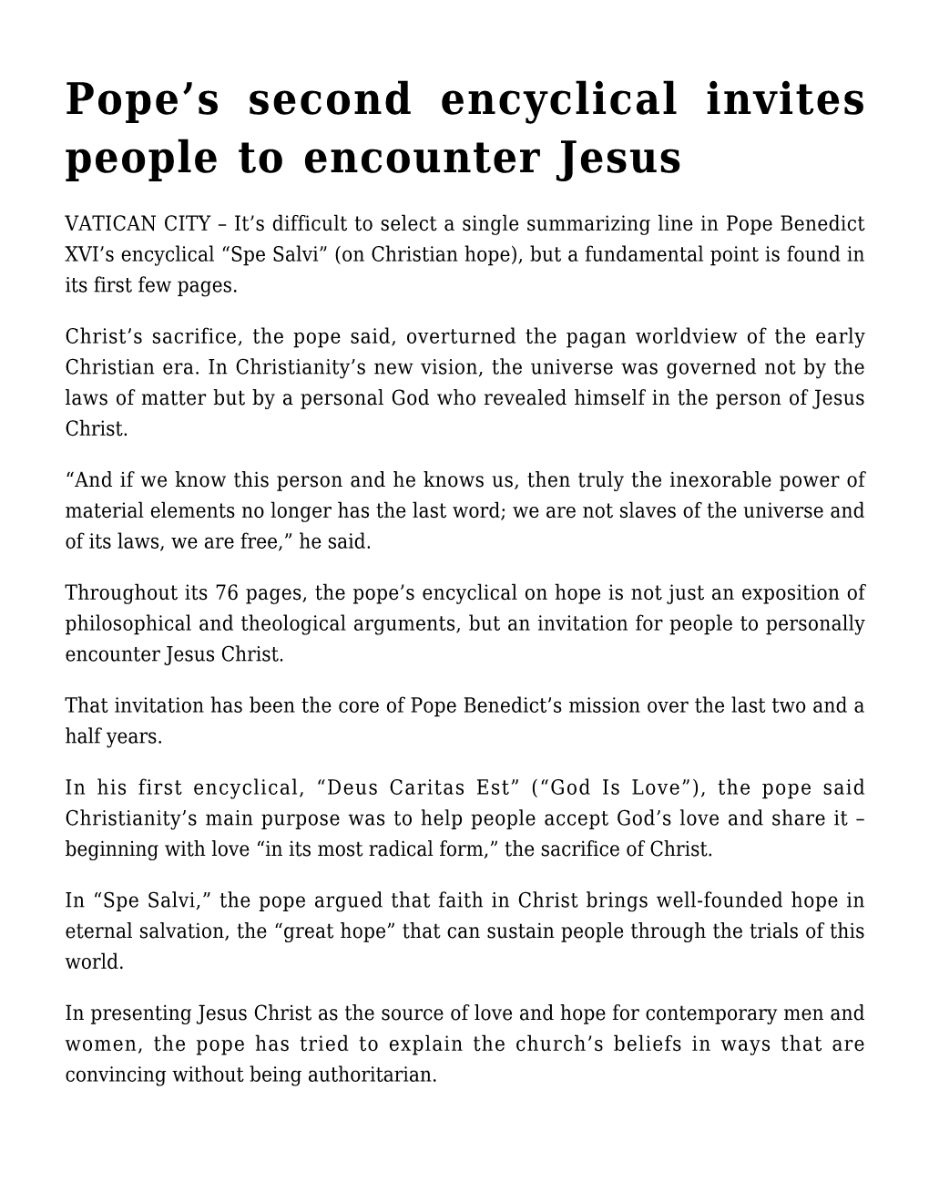 Pope's Second Encyclical Invites People to Encounter Jesus