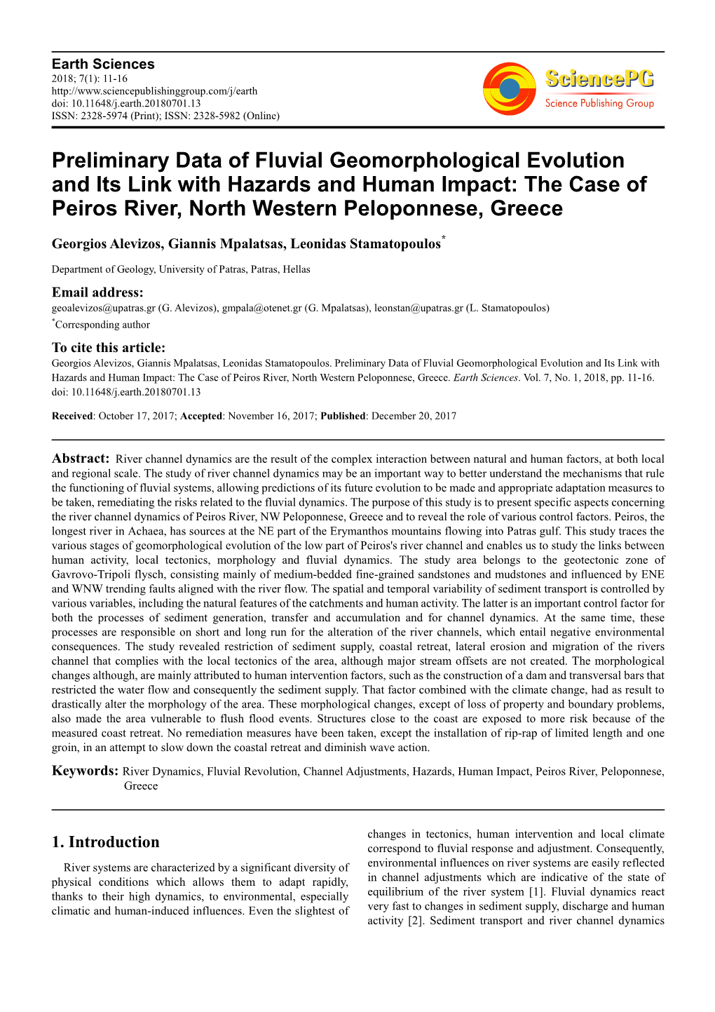 Preliminary Data of Fluvial Geomorphological Evolution and Its Link with Hazards and Human Impact: the Case of Peiros River, North Western Peloponnese, Greece