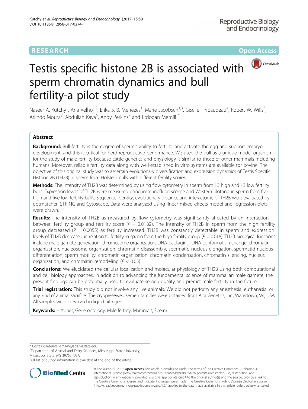 Testis Specific Histone 2B Is Associated with Sperm Chromatin Dynamics and Bull Fertility-A Pilot Study Naseer A